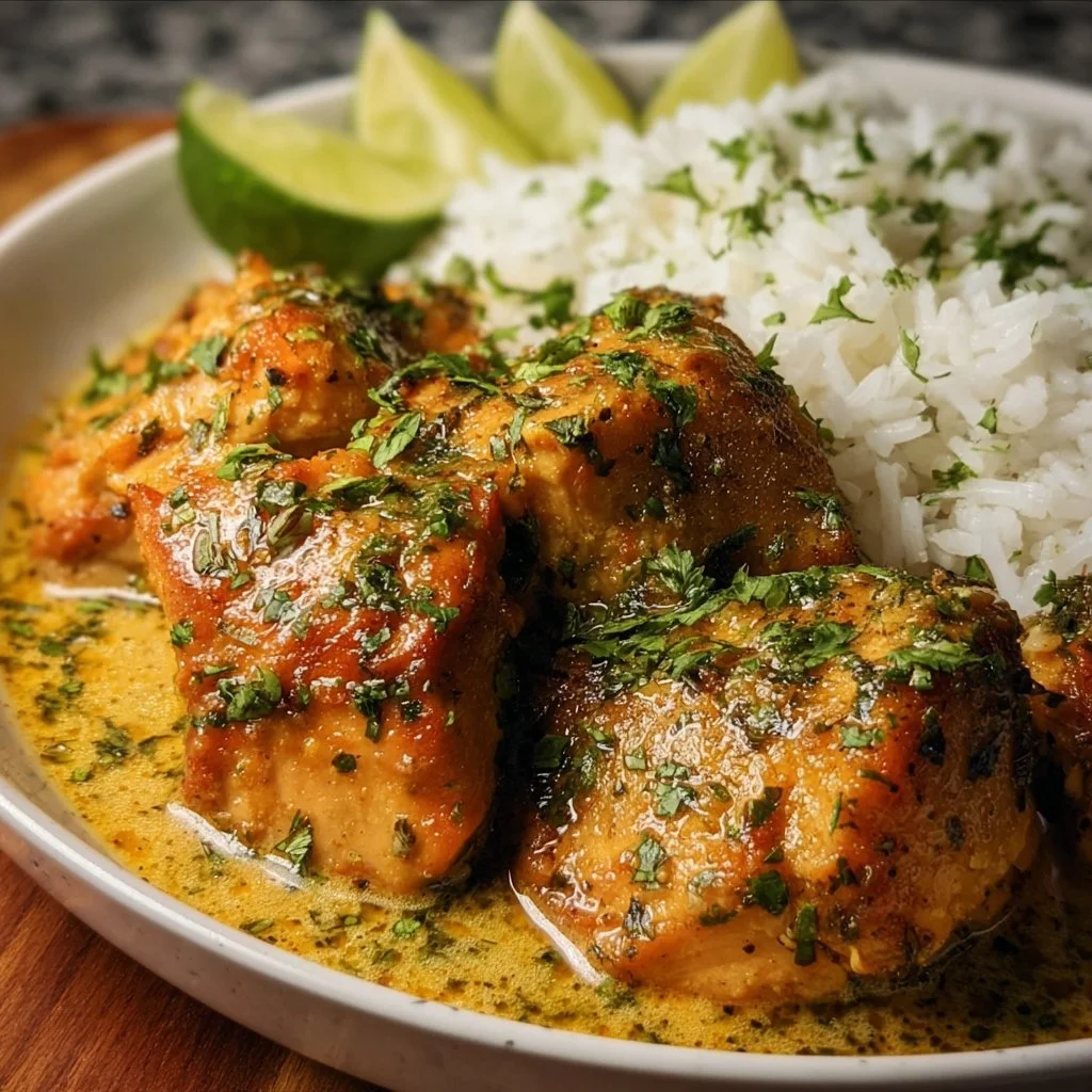 Delicious Crockpot Coconut Lime Chicken served with rice and lime wedges