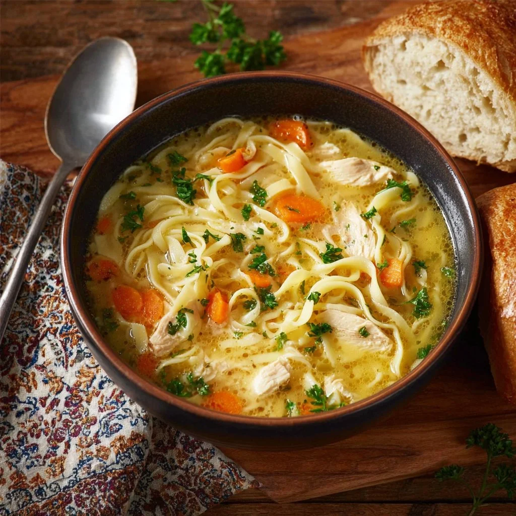 Bowl of Crockpot Creamy Chicken Noodle Soup garnished with parsley.