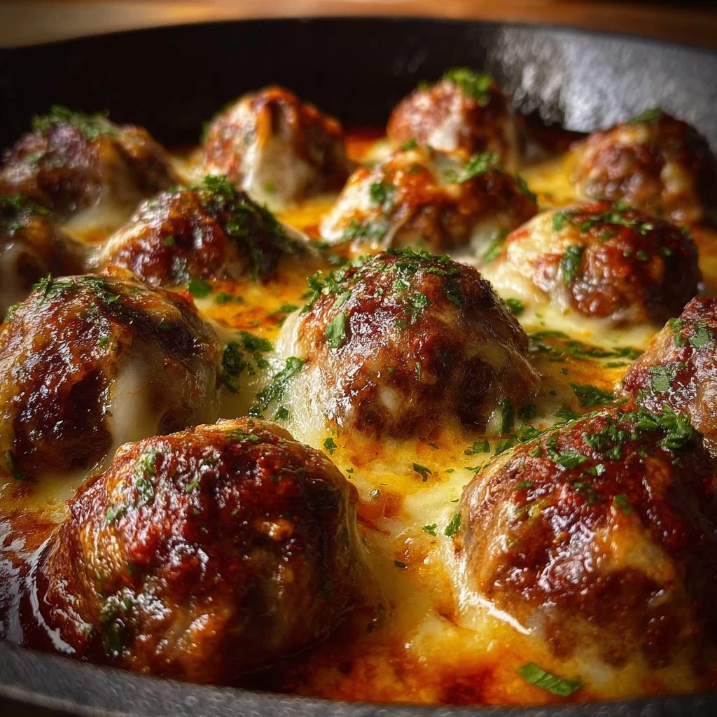Delicious Crockpot French Onion Meatballs served in a bowl