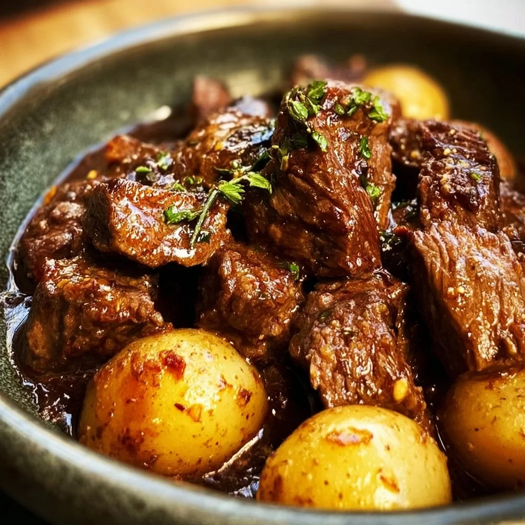 Crockpot garlic butter beef bites served with tender potatoes