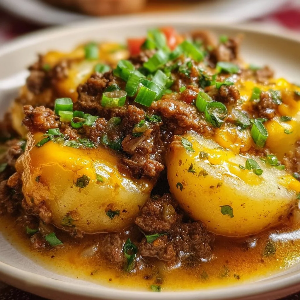 Crockpot Hamburger Potato Casserole served warm in a bowl.