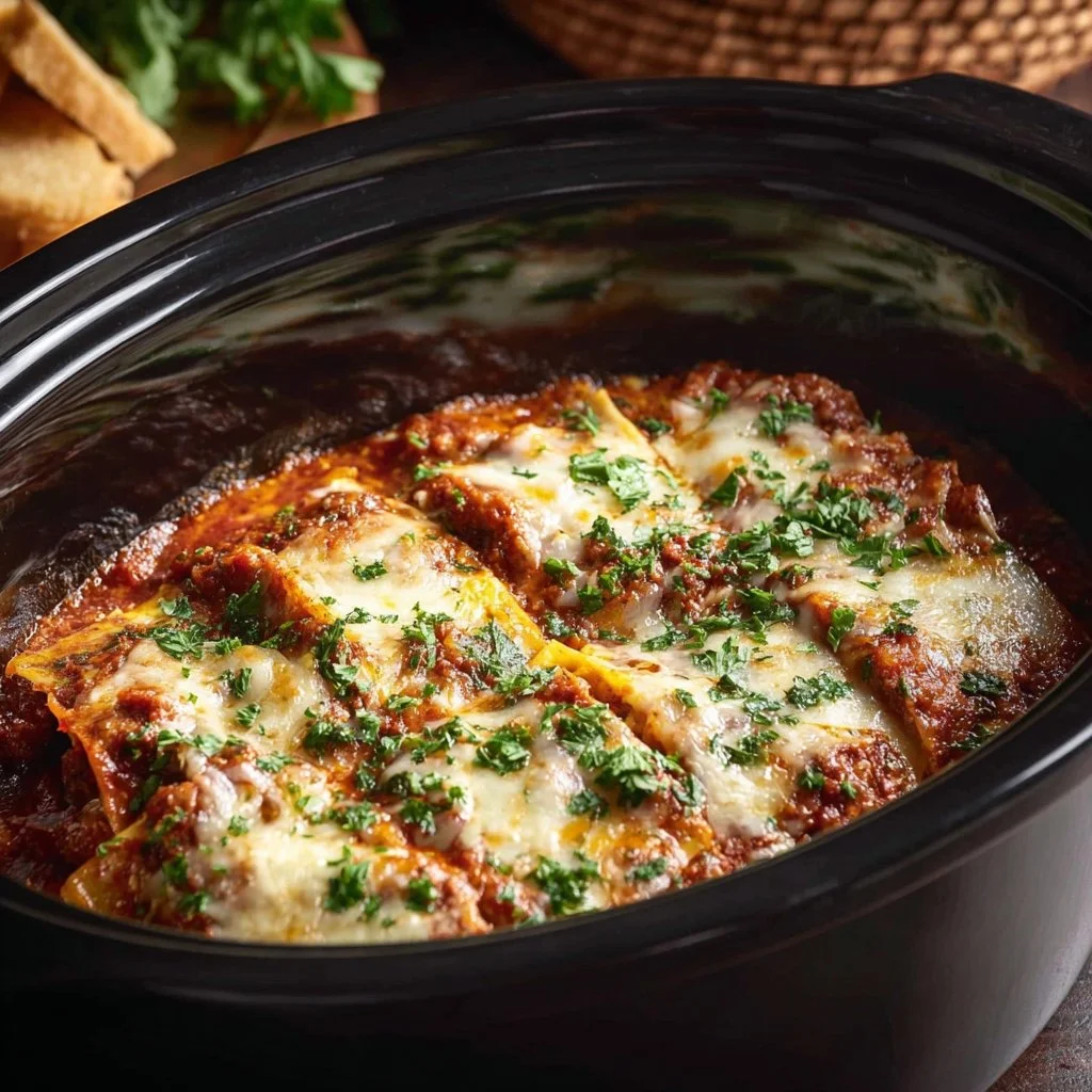 Delicious Crockpot Lasagna served on a plate with cheese and herbs