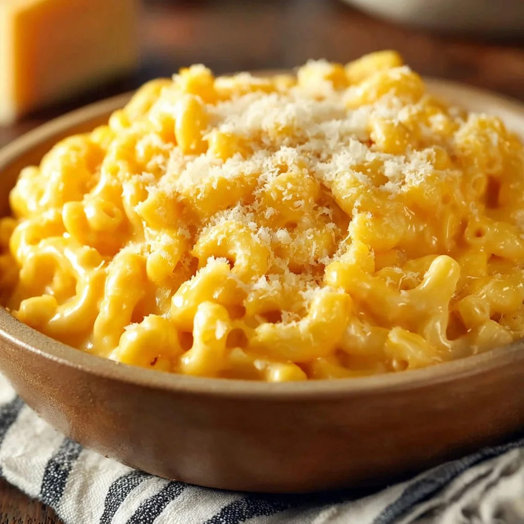 Dish of creamy Crockpot Mac and Cheese with a golden crust.