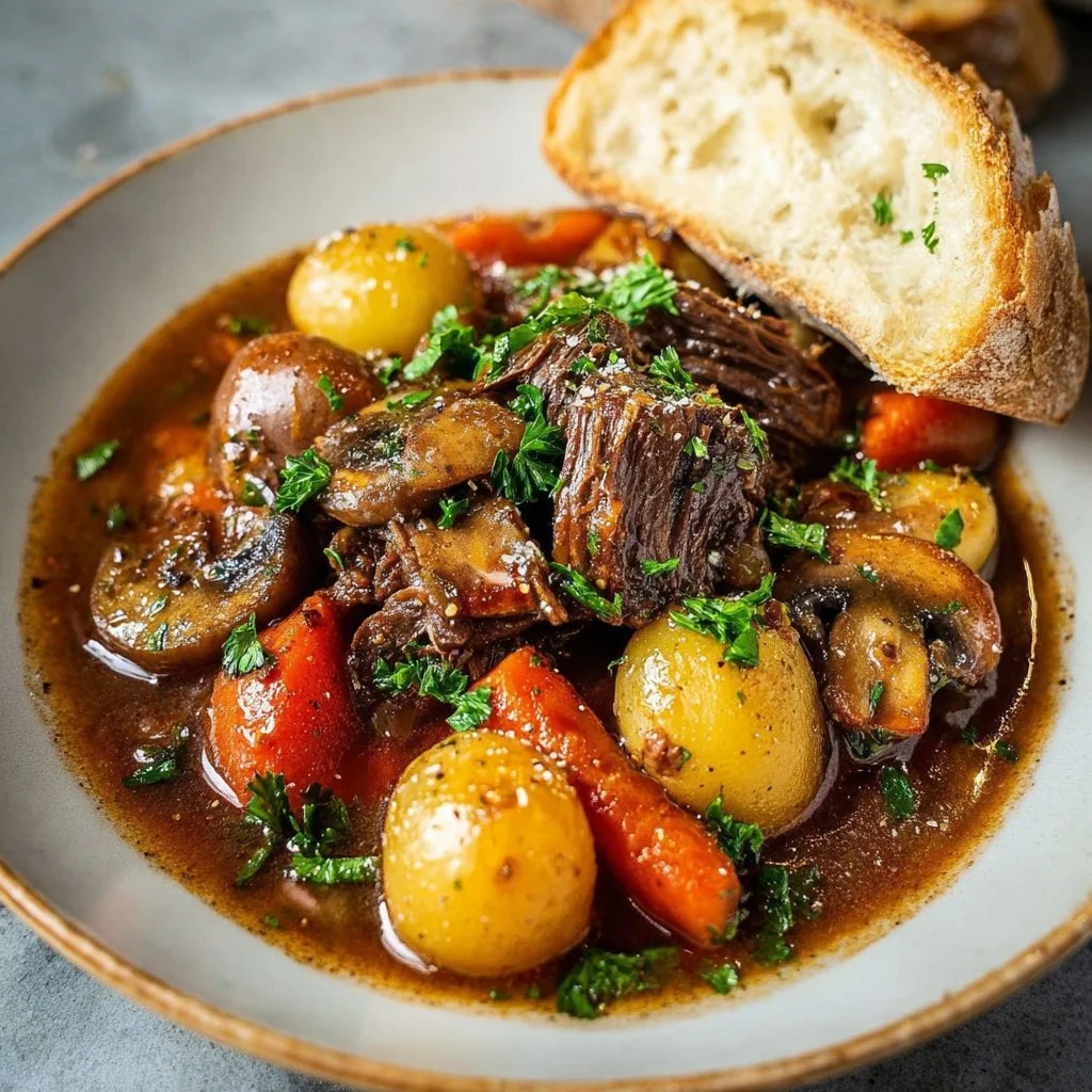 Delicious crockpot pot roast with vegetables and gravy served on a plate