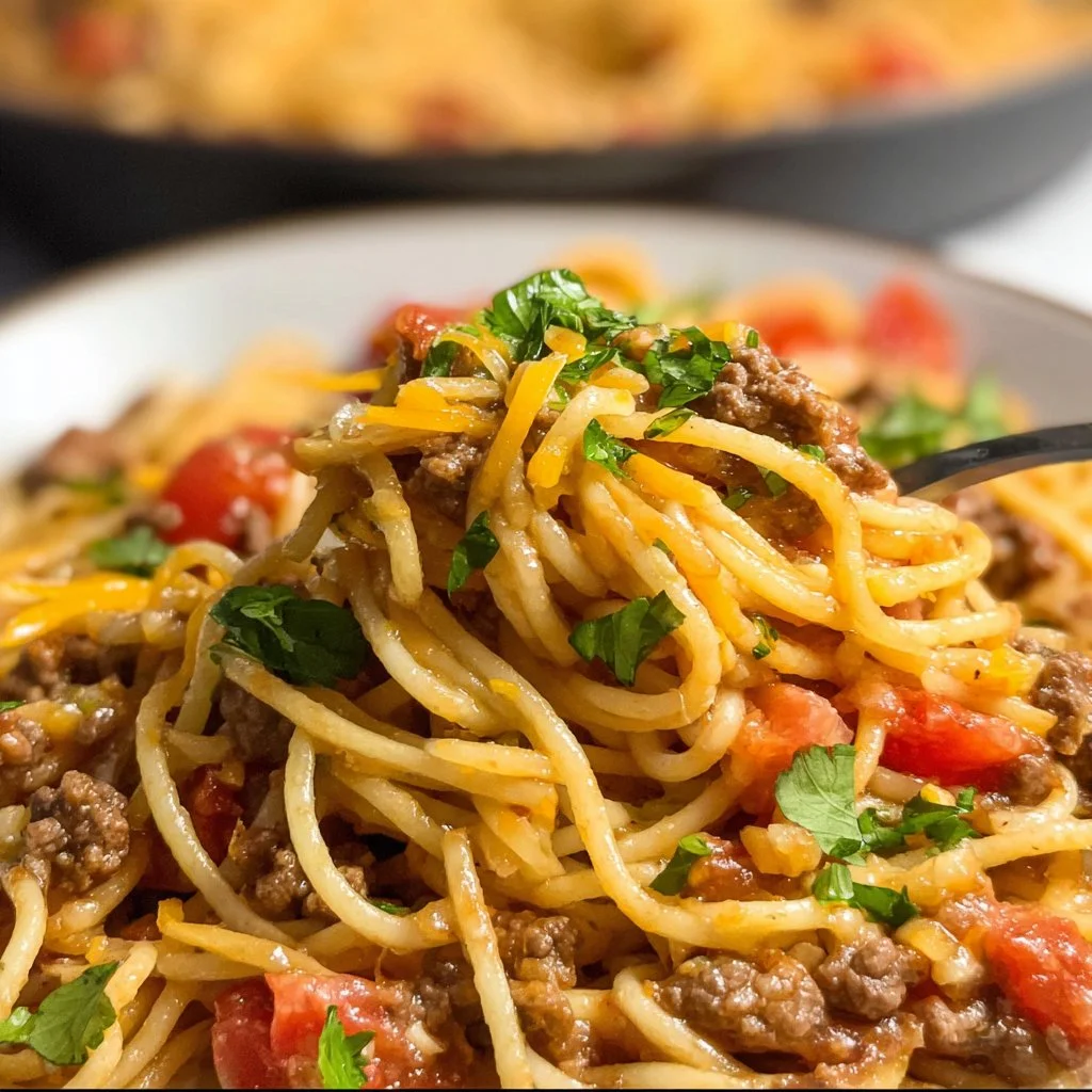 Delicious Crockpot Taco Spaghetti served in a bowl with toppings