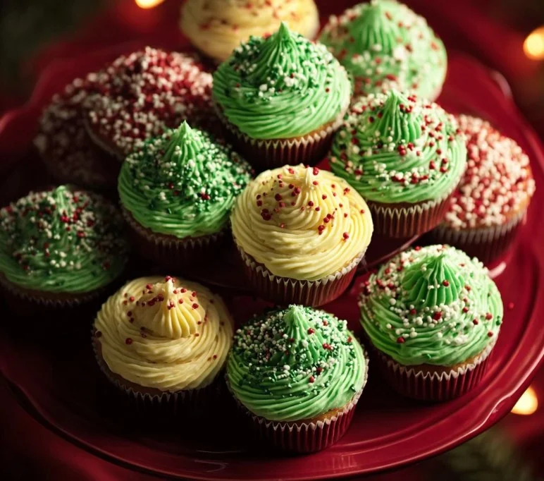 Decorative cupcake Christmas tree filled with colorful cupcakes