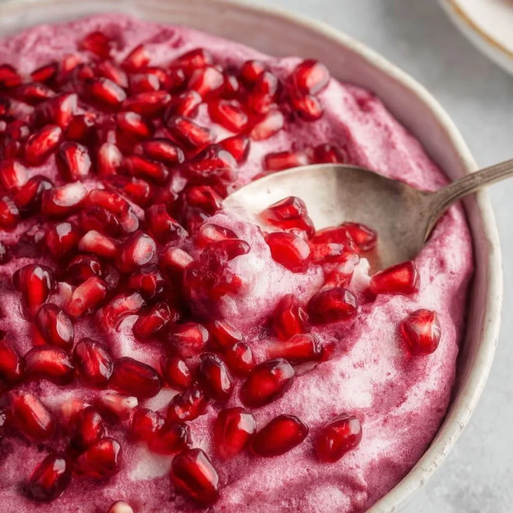 Dairy-free cranberry fluff dessert in a bowl with cranberries on top.