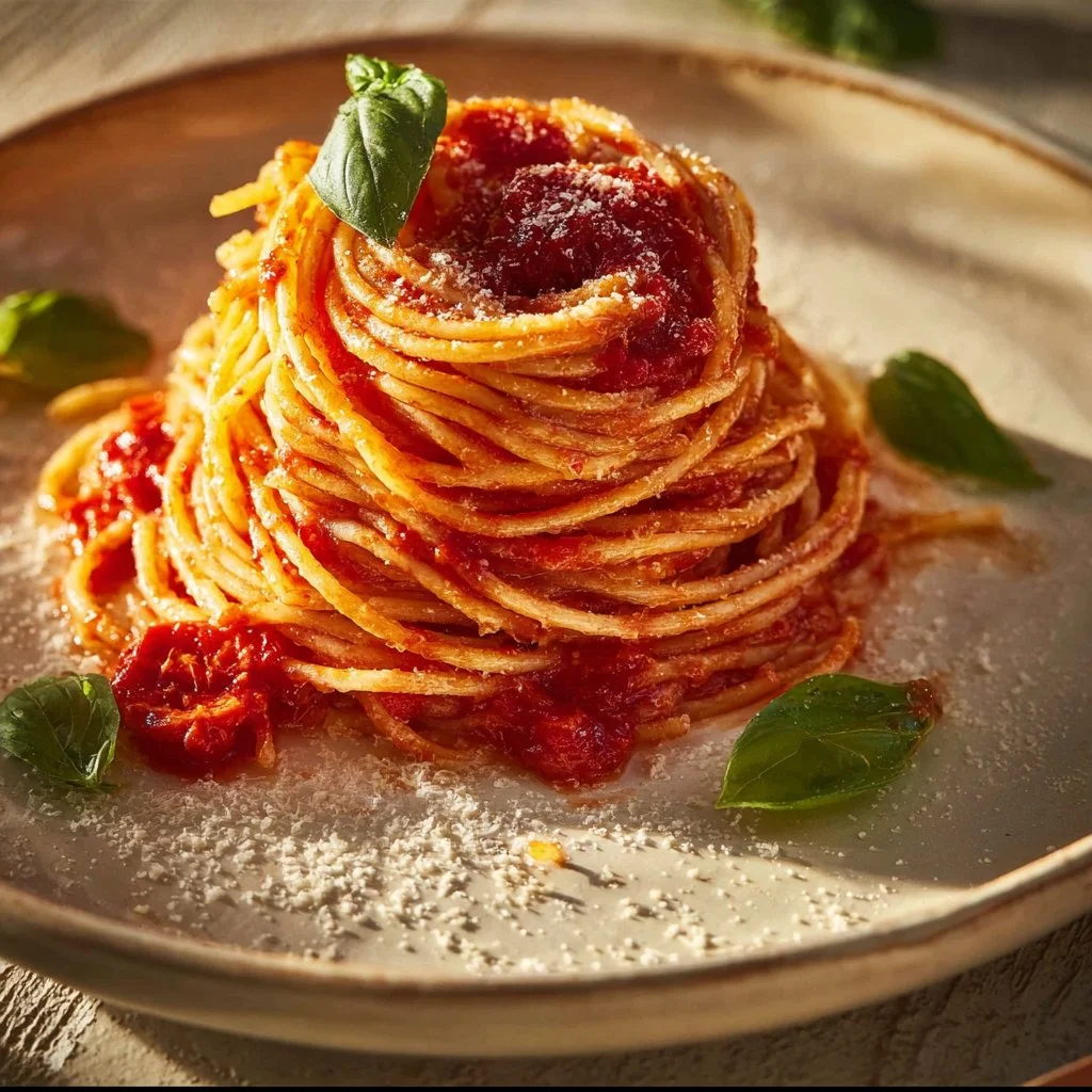 Delicious spaghetti served with a rich tomato sauce and fresh herbs