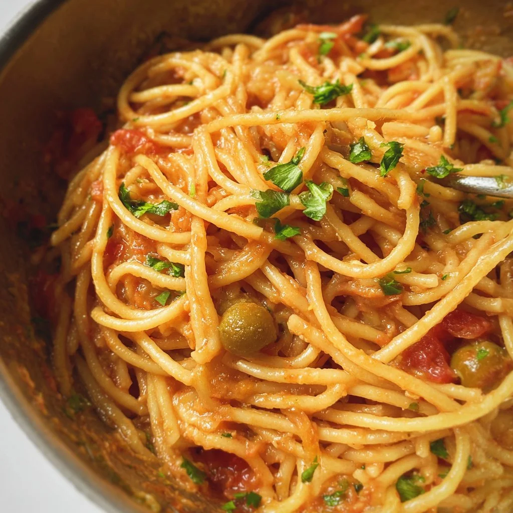 A plate of Dominican Spaghetti garnished with fresh herbs and vegetables.
