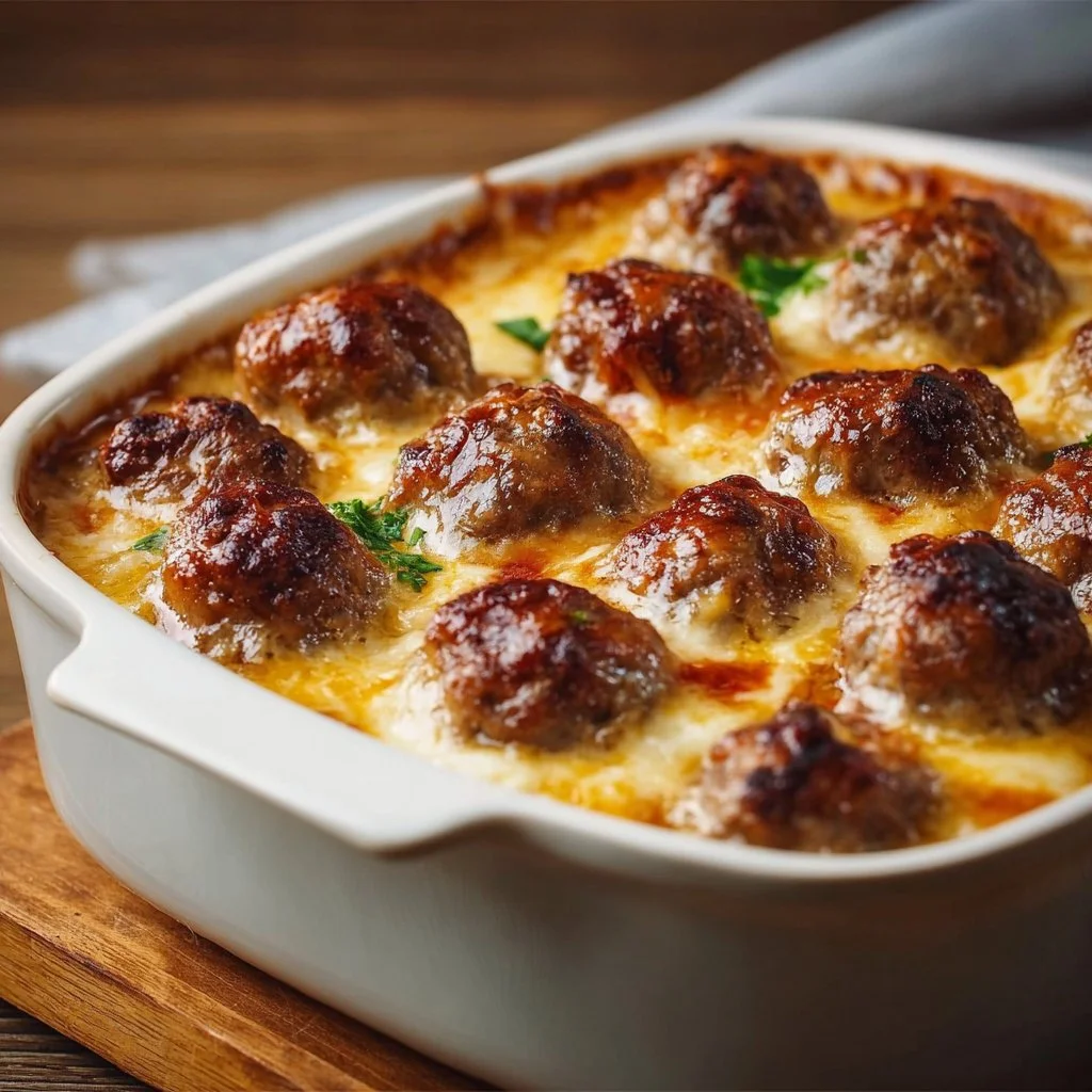 Delicious dump-and-bake meatball casserole ready to be served, topped with cheese and herbs.