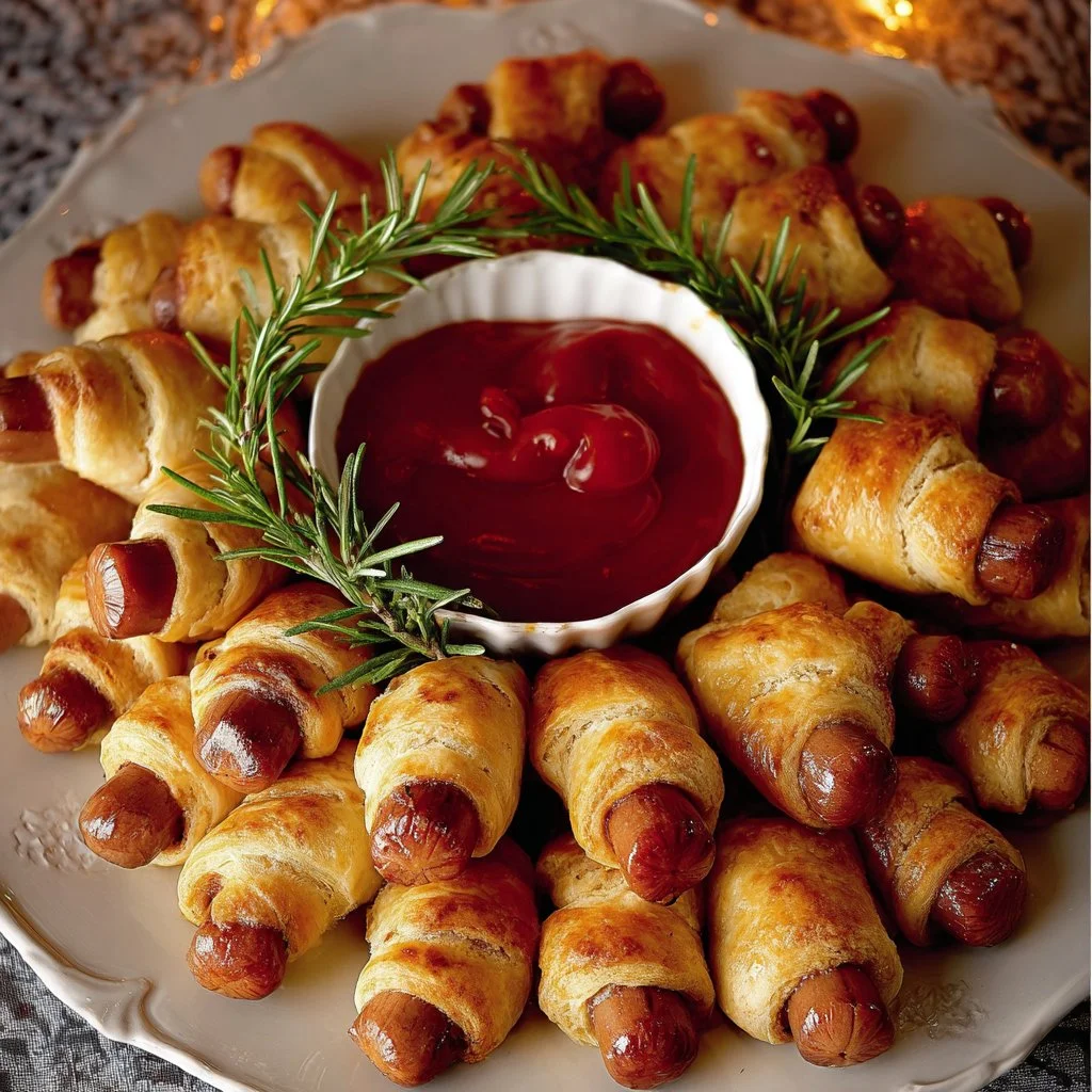 Festive mini hotdogs served on a decorative platter.