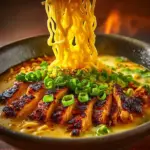 Fiery Chicken Ramen with Creamy Garlic Sauce in a bowl