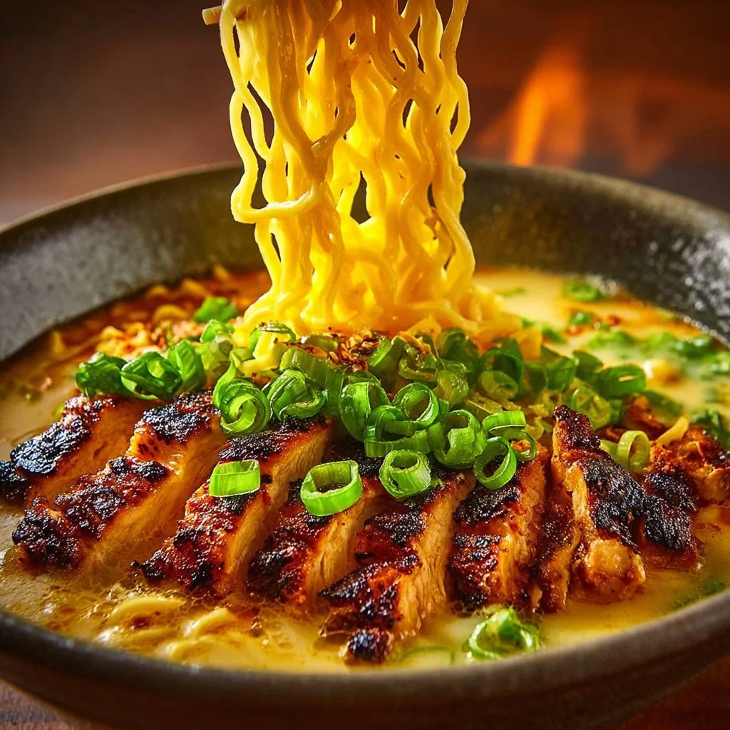 Fiery Chicken Ramen with Creamy Garlic Sauce in a bowl