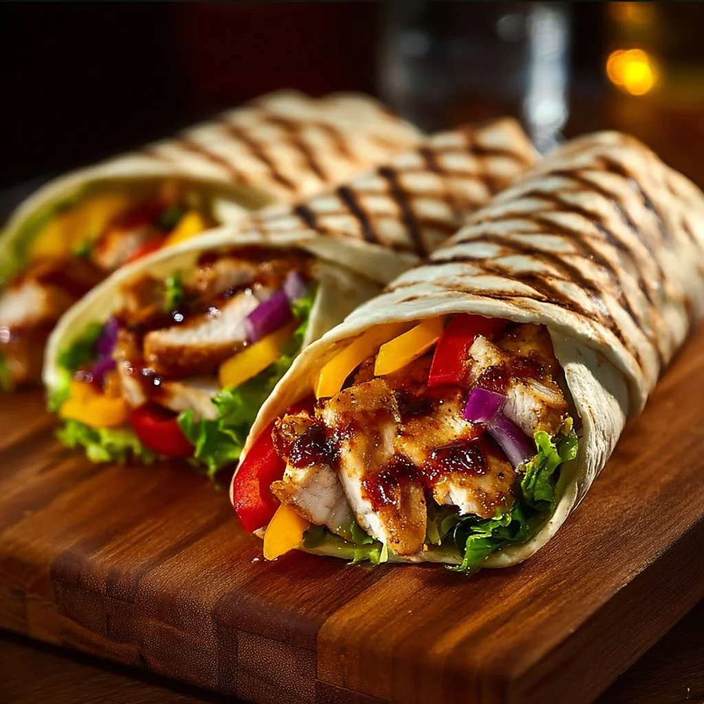 Firecracker Chicken Wraps filled with spicy chicken and fresh veggies