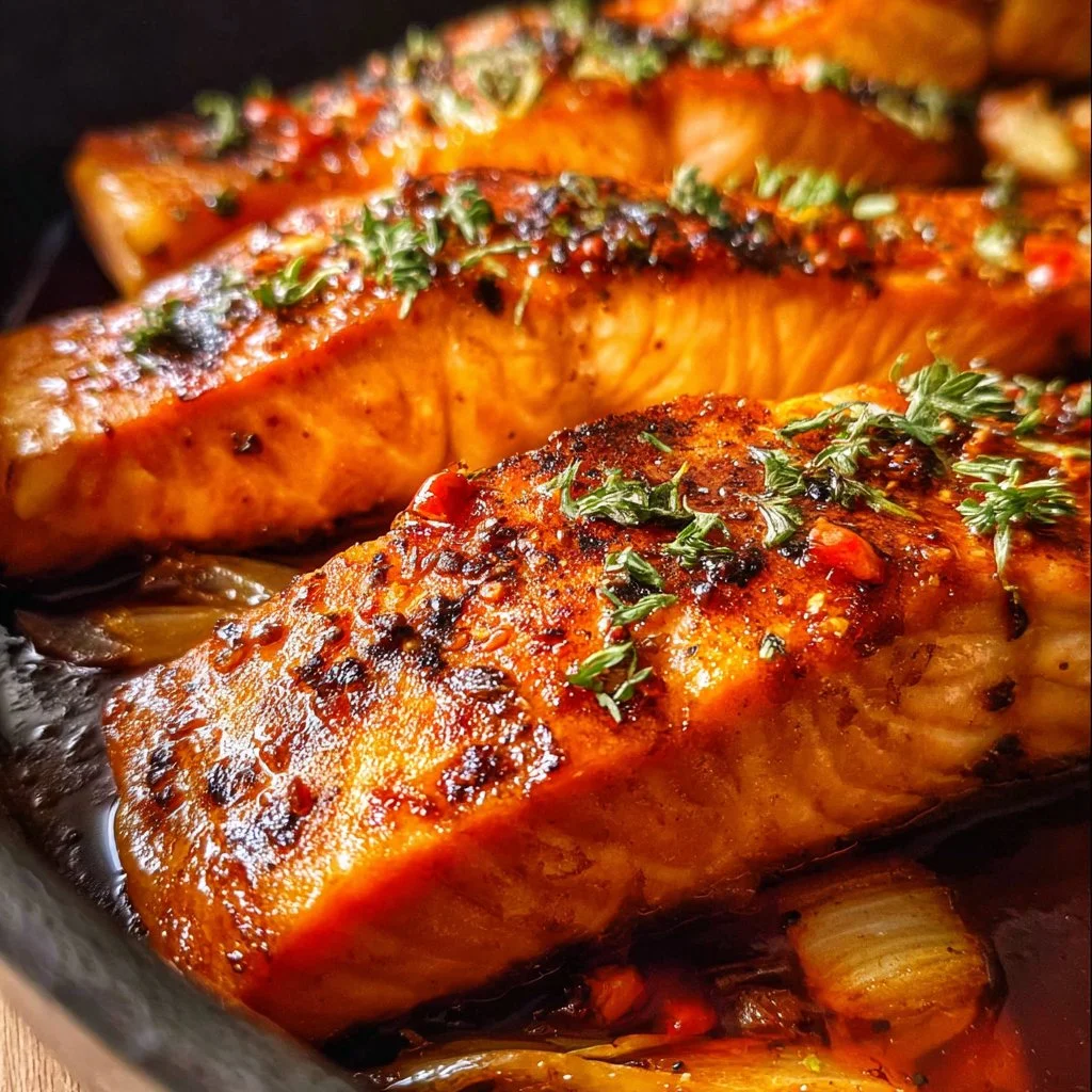 Delicious firecracker salmon dish garnished with herbs and spices