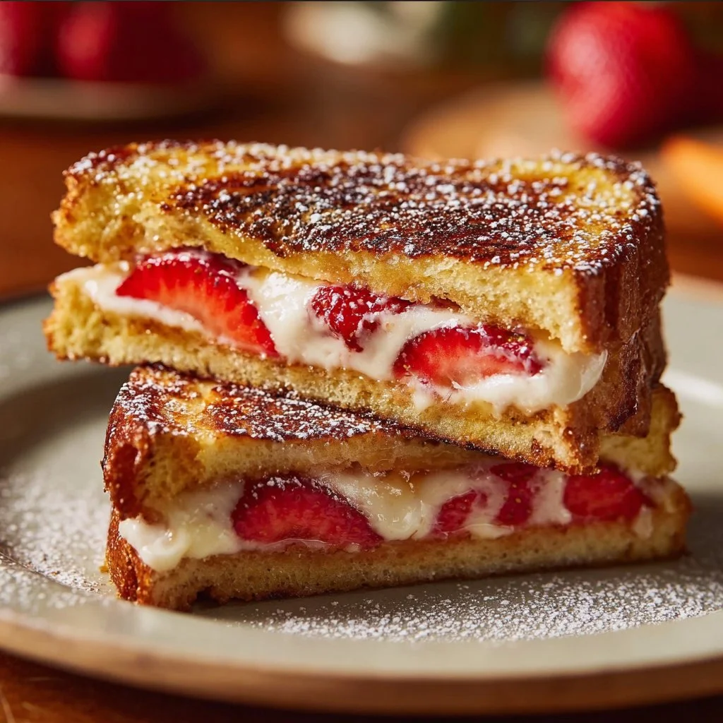 Fried strawberry cheesecake sandwiches served on a plate