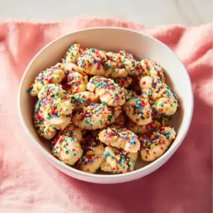 Colorful Funfetti Sprinkle Sugar Cookie Bites on a white plate
