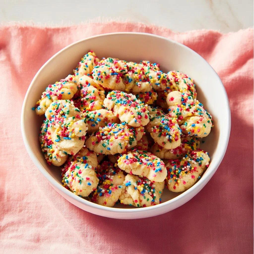 Colorful Funfetti Sprinkle Sugar Cookie Bites on a white plate
