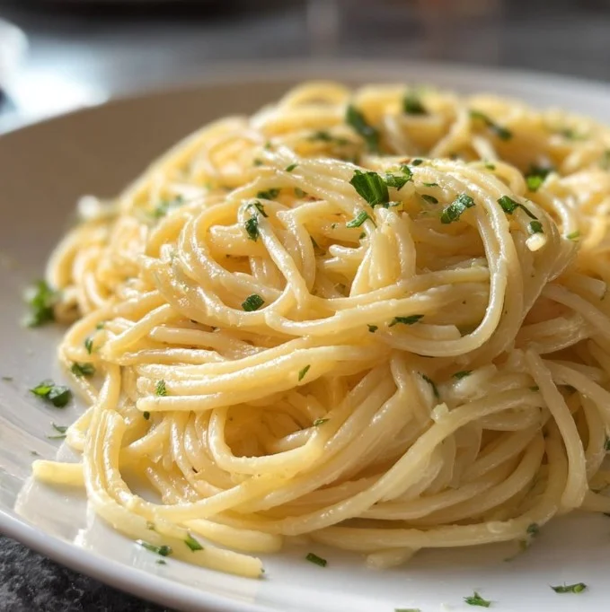 Delicious garlic buttered noodles garnished with herbs and served in a bowl.