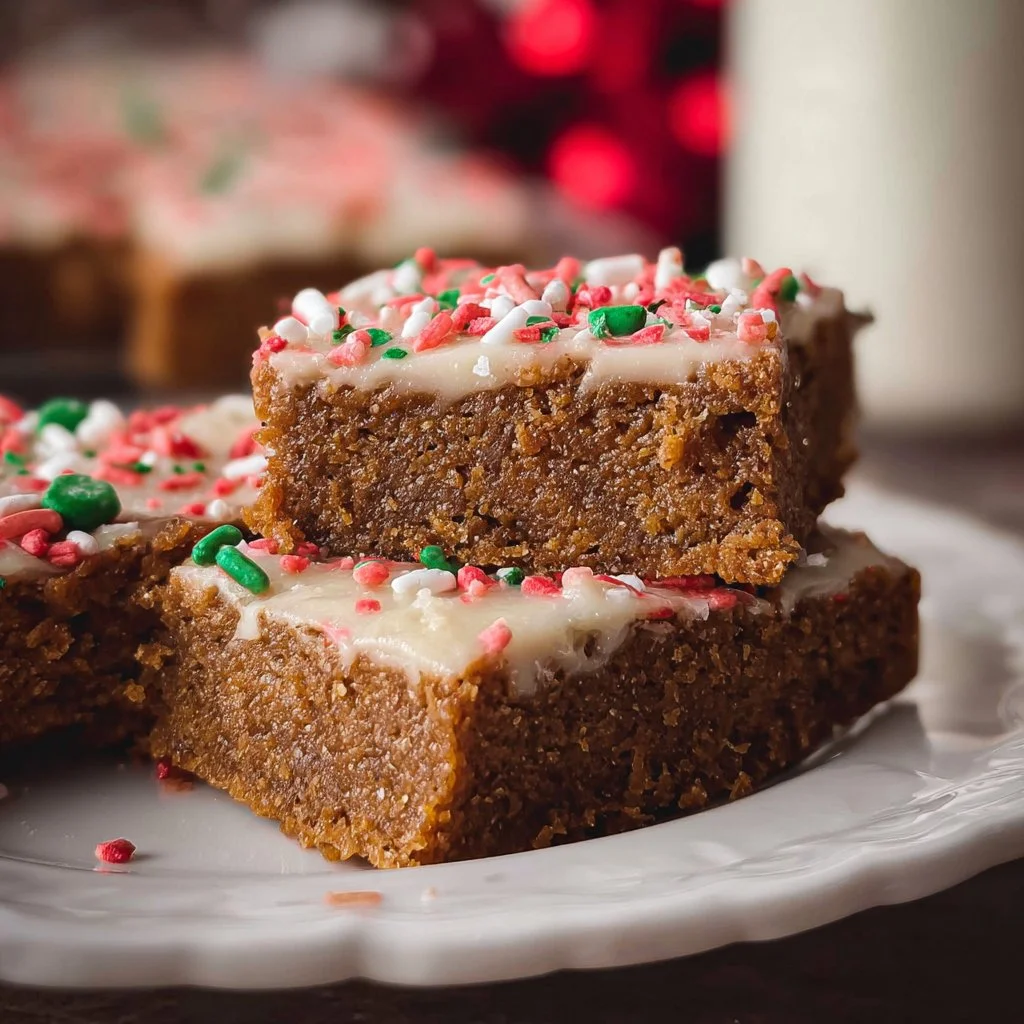 Delicious gingerbread cookie bars topped with icing and festive sprinkles