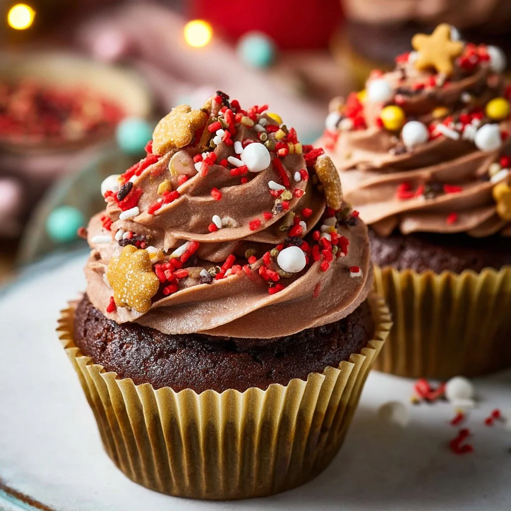 Gingerbread cupcakes with cinnamon cream cheese frosting on a festive plate