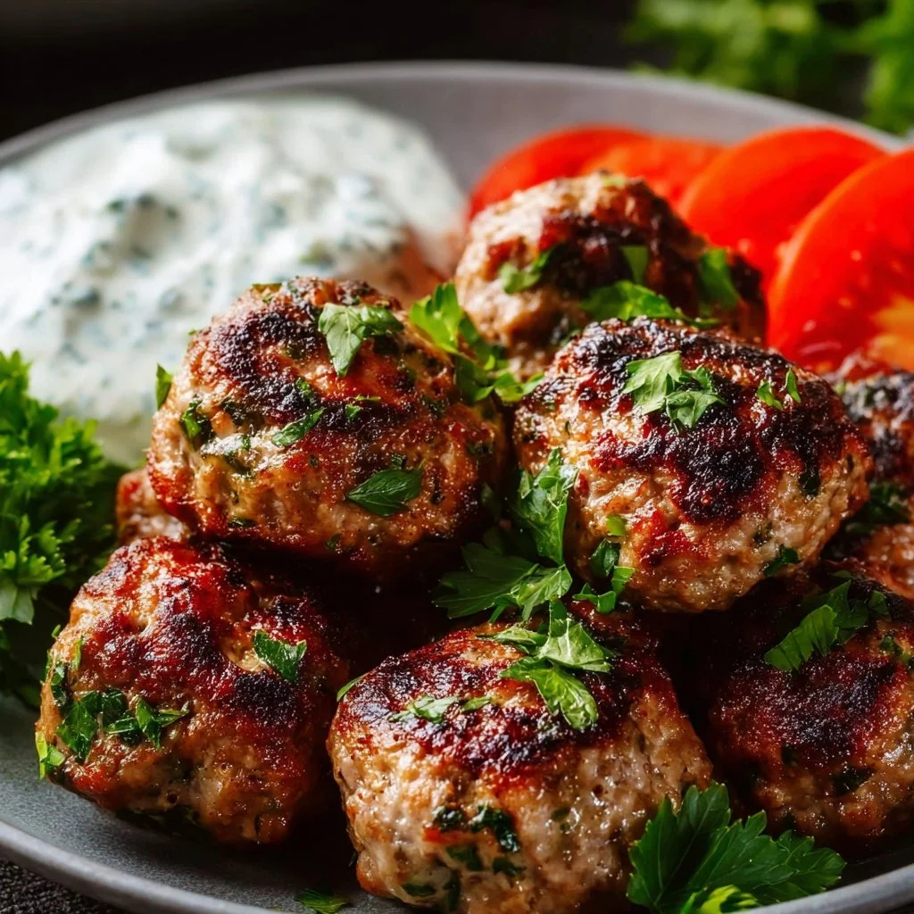 Greek turkey meatballs served with tzatziki sauce on a plate