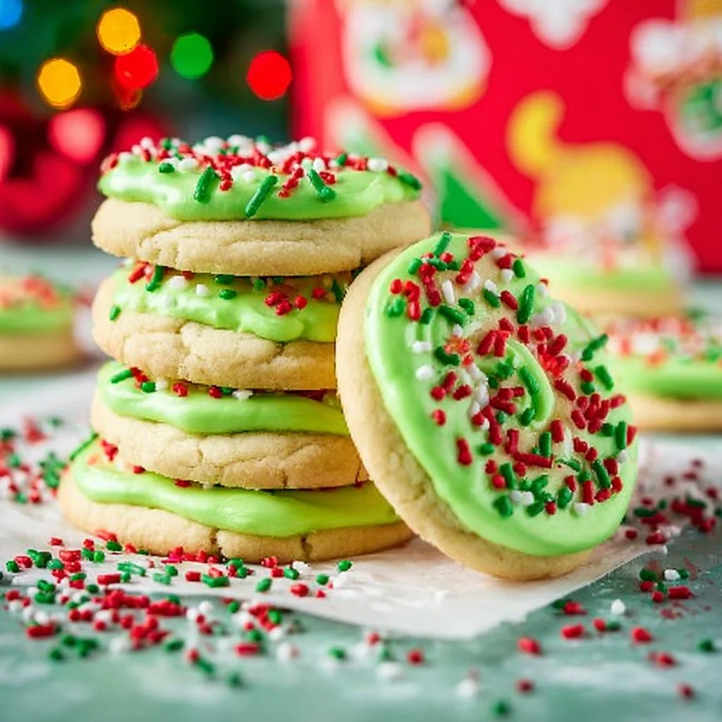 Decorative Grinch Crumbl Christmas sugar cookies on a festive plate