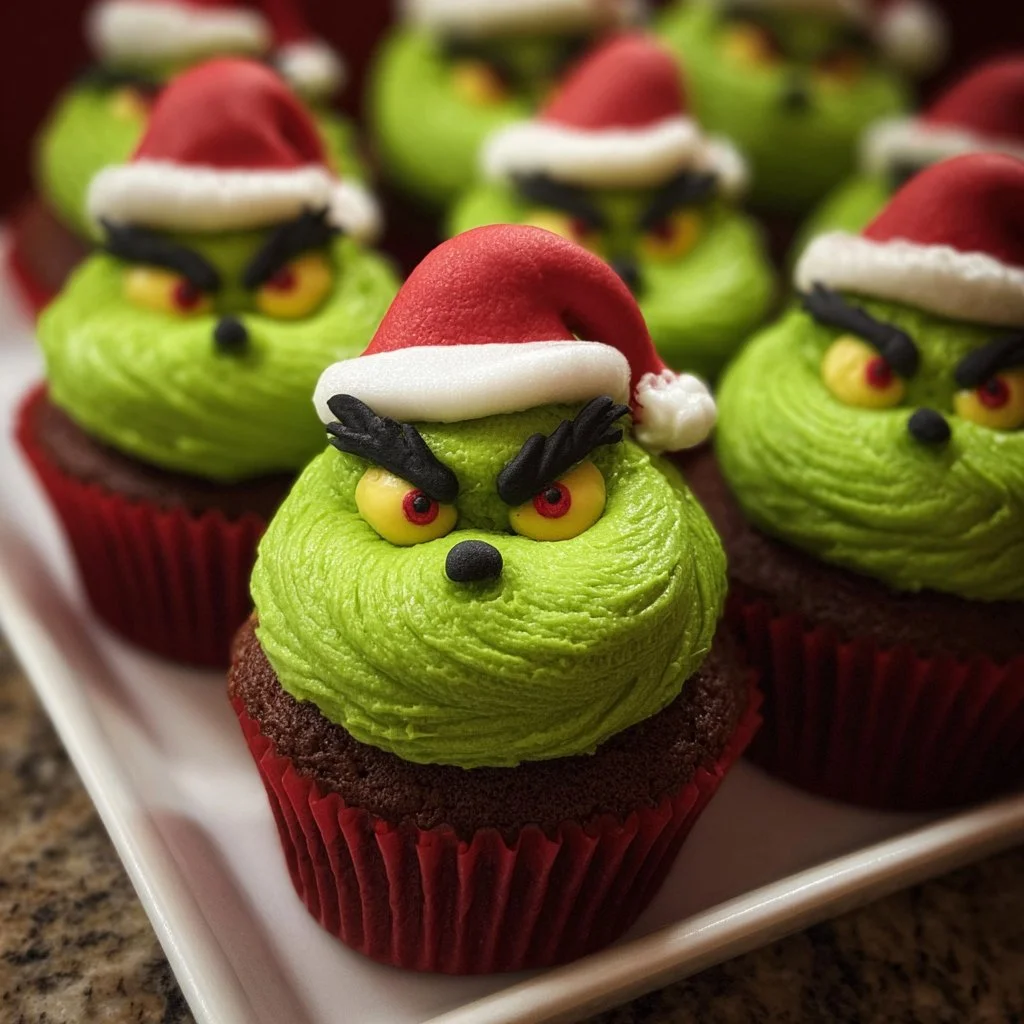 Festively decorated Grinch Cupcakes with green frosting and red hearts