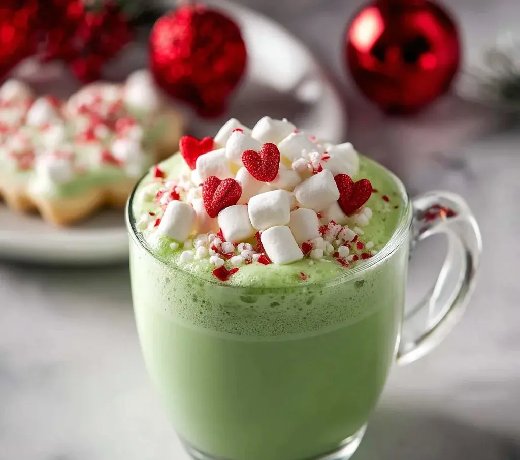 A festive cup of Grinch Hot Chocolate topped with whipped cream and green sprinkles