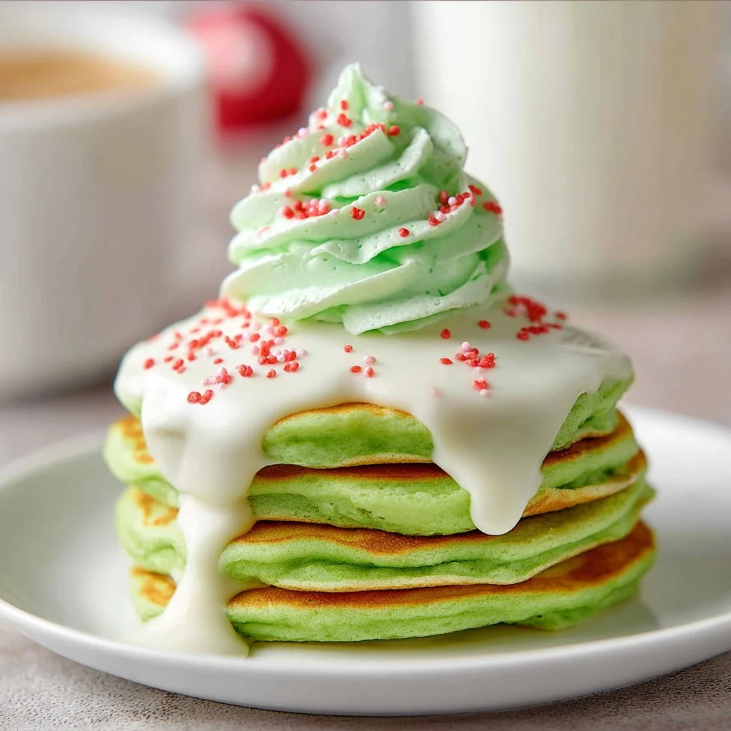 Stack of green Grinch Pancakes decorated with whipped cream and festive toppings