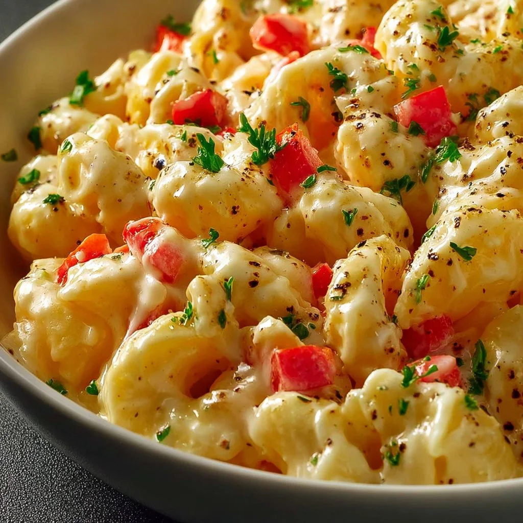 Guy Fieri's tasty macaroni salad served in a bowl with fresh ingredients