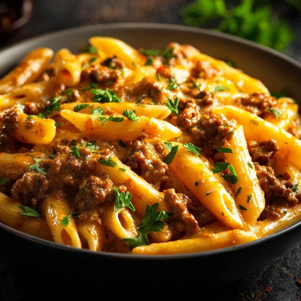 Creamy beef pasta dish garnished with herbs and served in a bowl