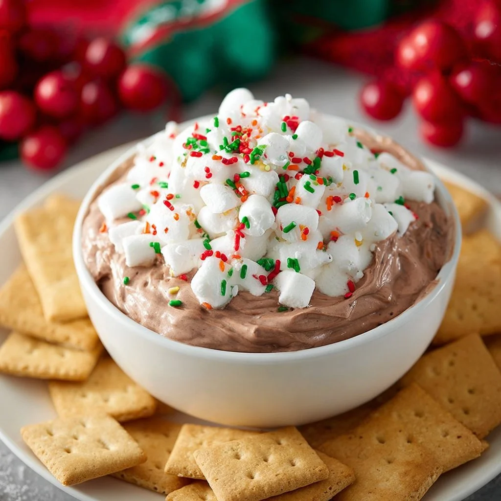 Delicious hot cocoa dip served with marshmallows and chocolate sprinkles