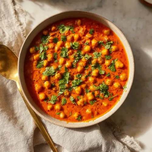 Bowl of Indian butter chickpeas garnished with herbs, served with rice