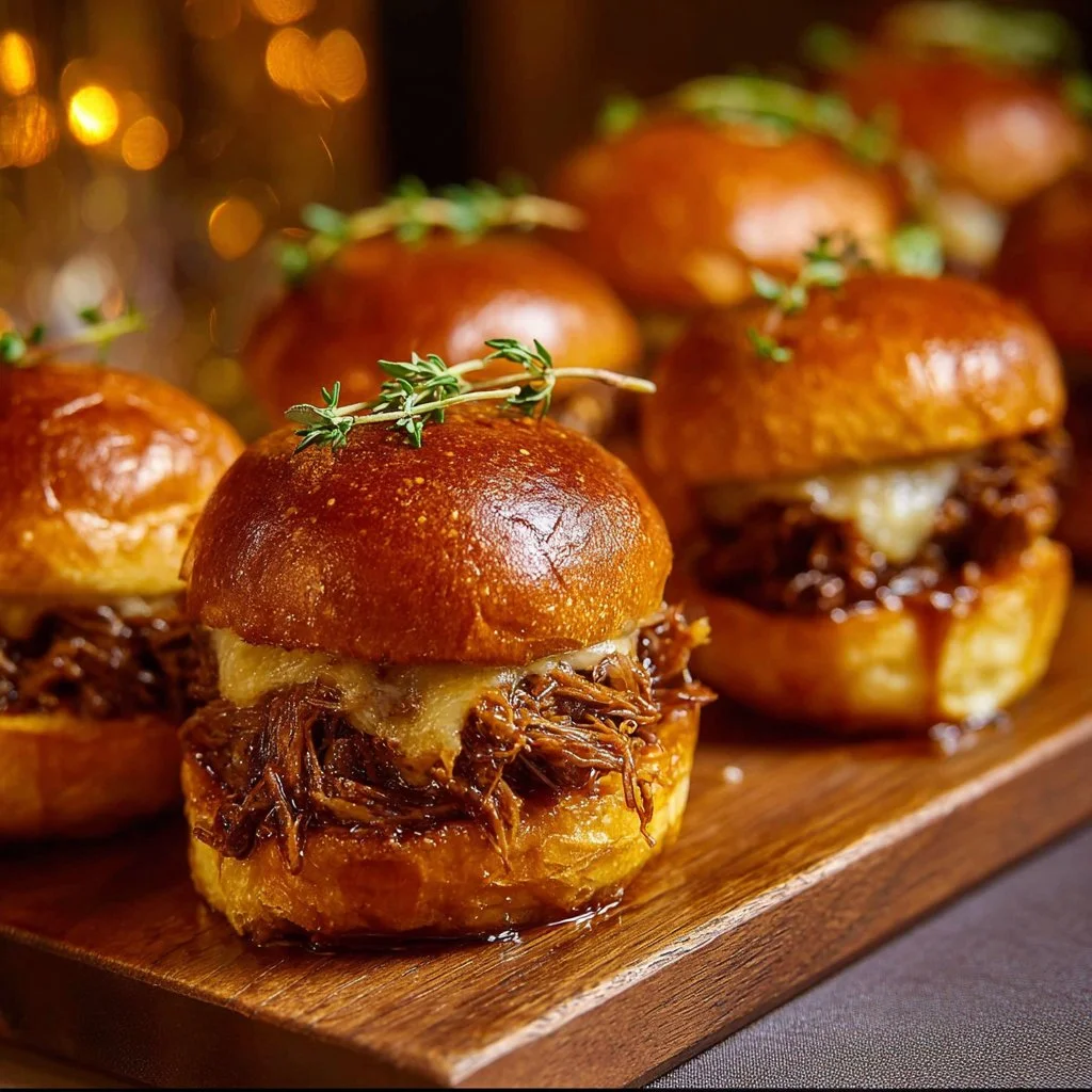 Plate of French Onion Beef Sloppy Joes with melted cheese and caramelized onions.