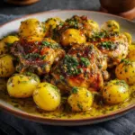 Irresistible Garlic Parmesan Crockpot Chicken served with herbs on a plate
