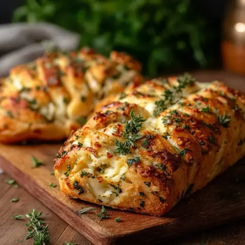 Fresh loaf of Italian herbs and cheese bread, golden brown and steaming.