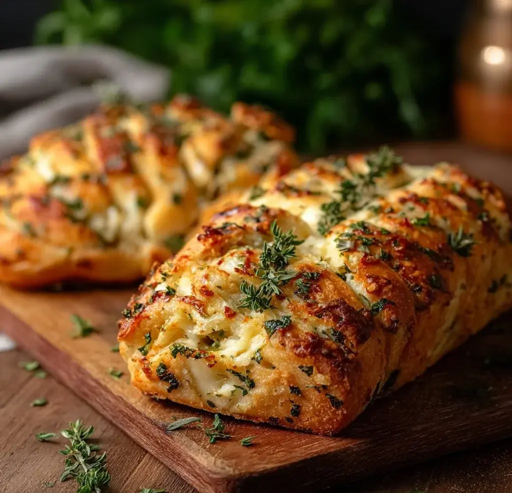 Fresh loaf of Italian herbs and cheese bread, golden brown and steaming.