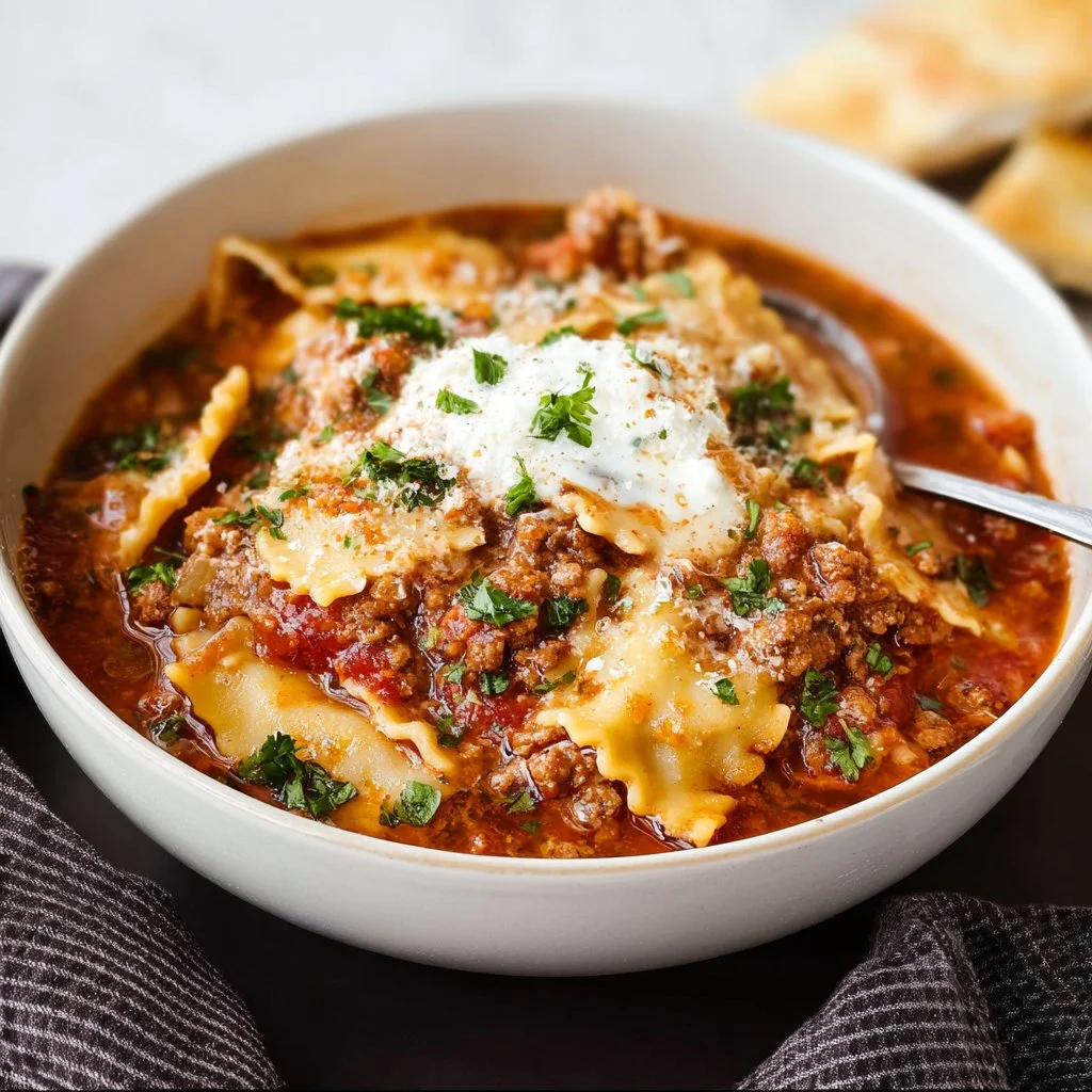 Delicious bowl of creamy lasagna soup topped with cheese and herbs
