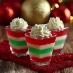 Colorful layered Christmas Jello Cups for holiday celebrations