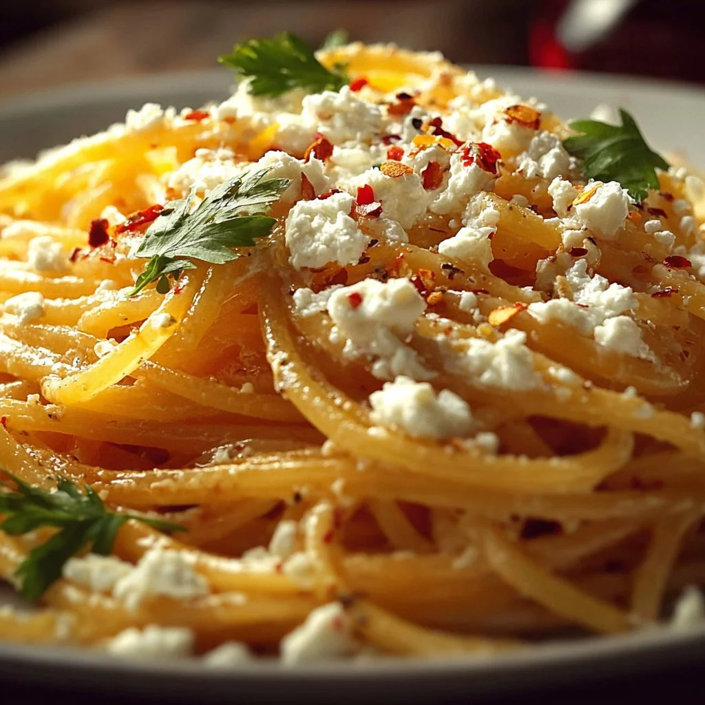 Delicious Lemon-Feta-Pasta garnished with herbs and lemon zest