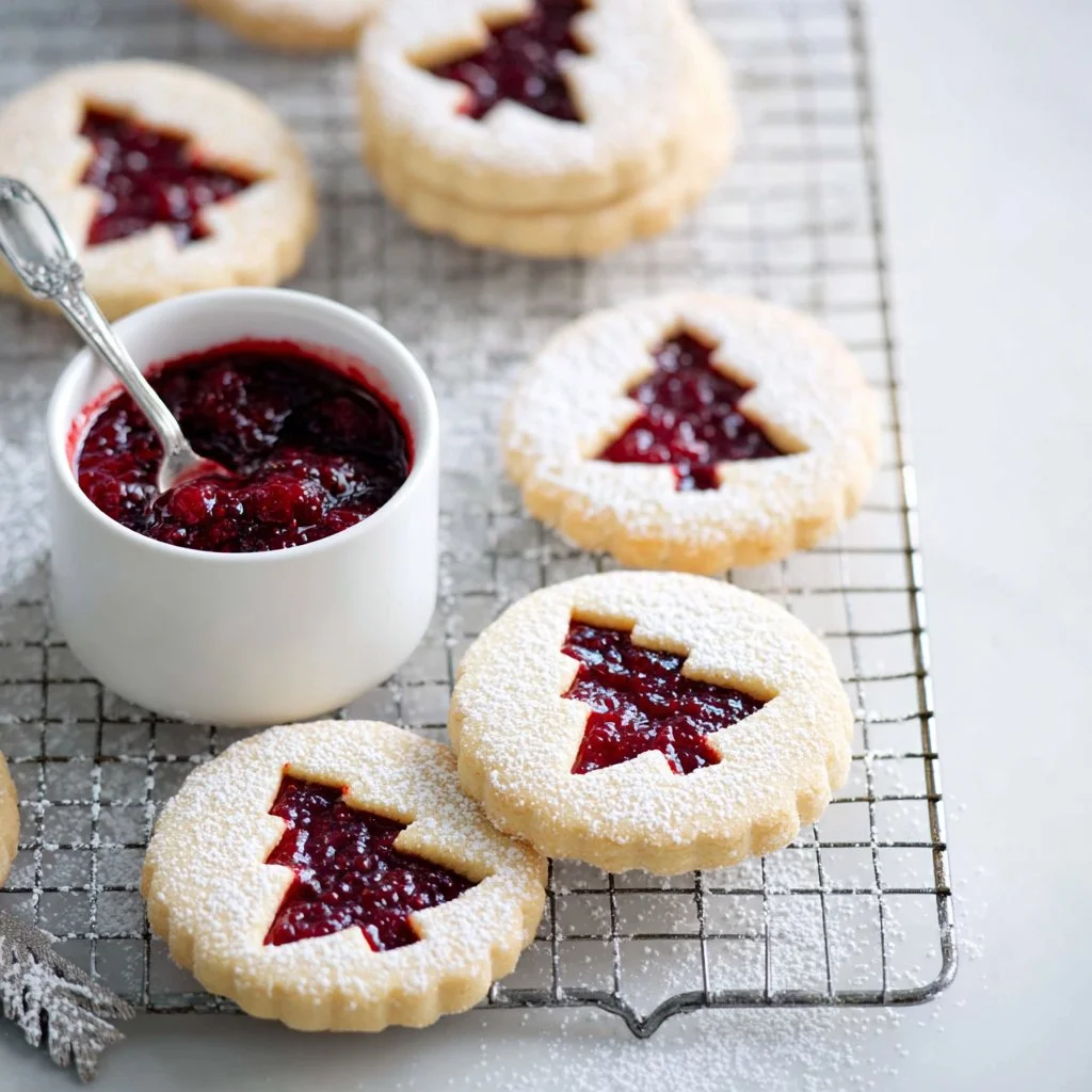 Delicious homemade Linzer Cookies with fruit filling and powdered sugar topping