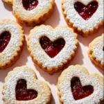 A plate of freshly baked Linzer Cookies sprinkled with powdered sugar and filled with raspberry jam.