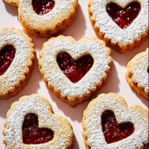 A plate of freshly baked Linzer Cookies sprinkled with powdered sugar and filled with raspberry jam.