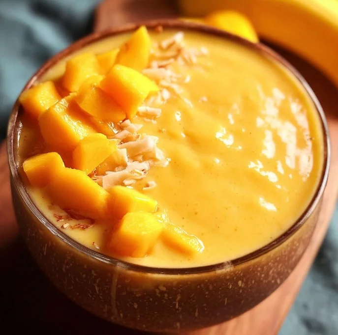 Delicious Mango Peach Smoothie in a glass with fresh fruits