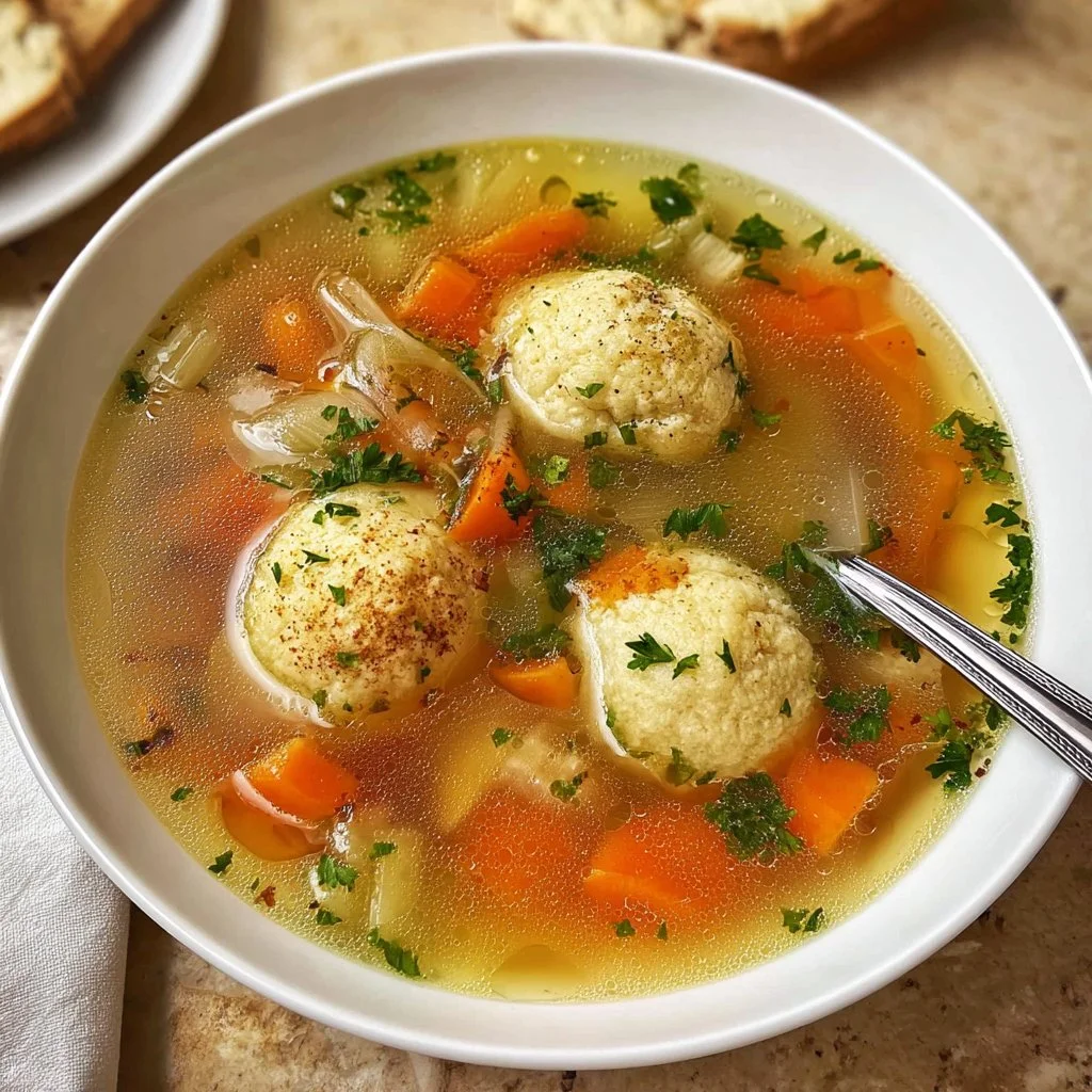 Delicious homemade Matzo Ball Soup in a bowl with fresh herbs
