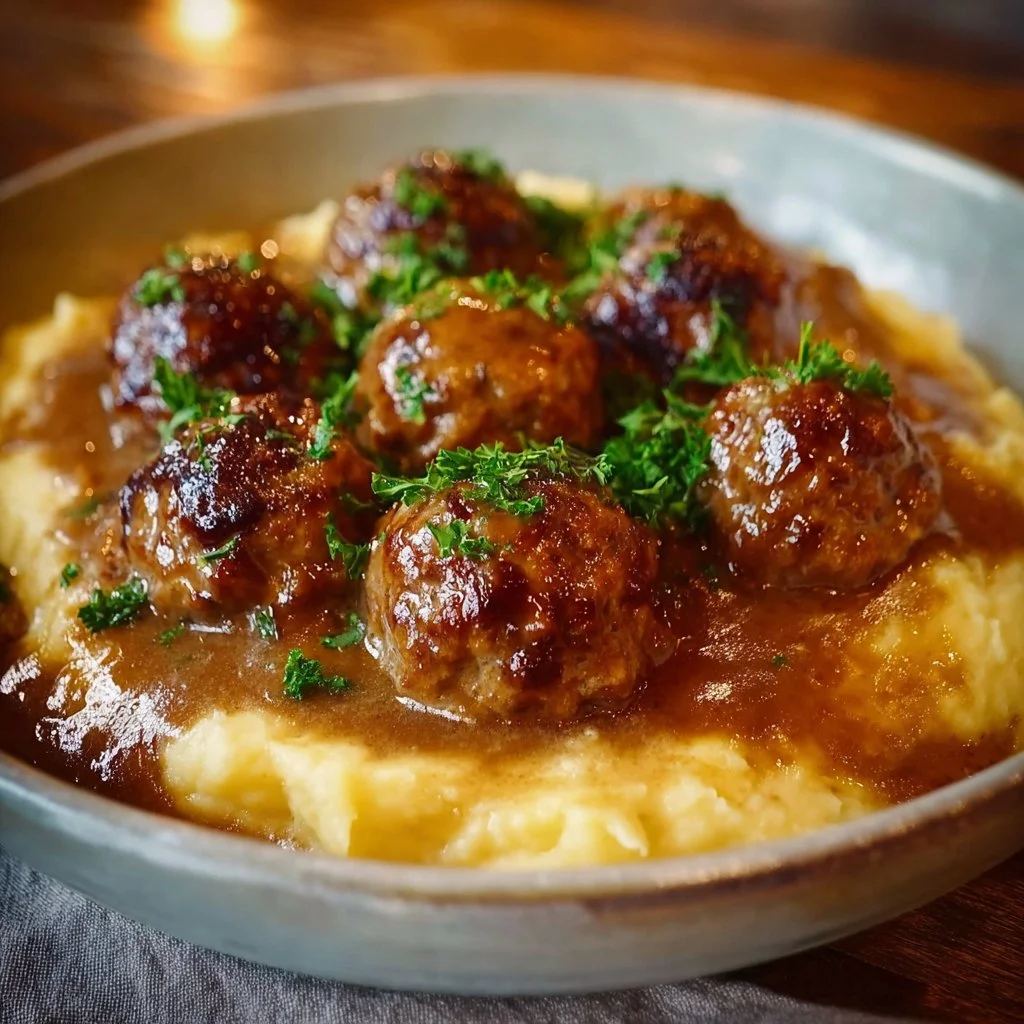 Delicious meatball and mashed potato bake served in a rustic dish