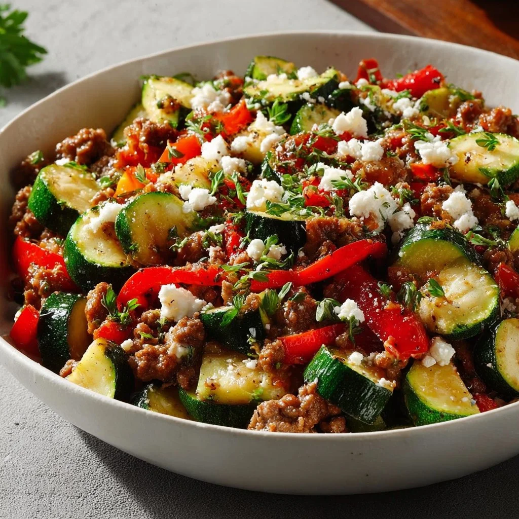 Mediterranean Ground Beef Stir-Fry with vegetables and spices in a skillet