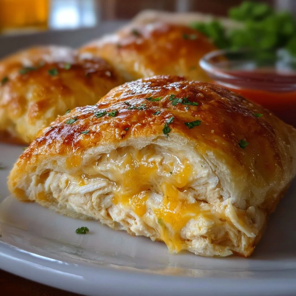 Melt-in-your-mouth cheesy chicken crescent roll recipe topped with cheese.