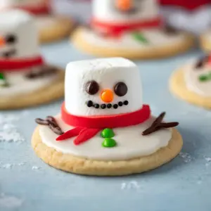 Melted snowman cookies decorated with white icing and colorful candy accents